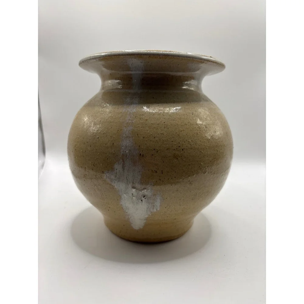 Handmade Studio Pottery Vase Earthy Glaze Round Bulbous Flared Rim 6.5 Inch